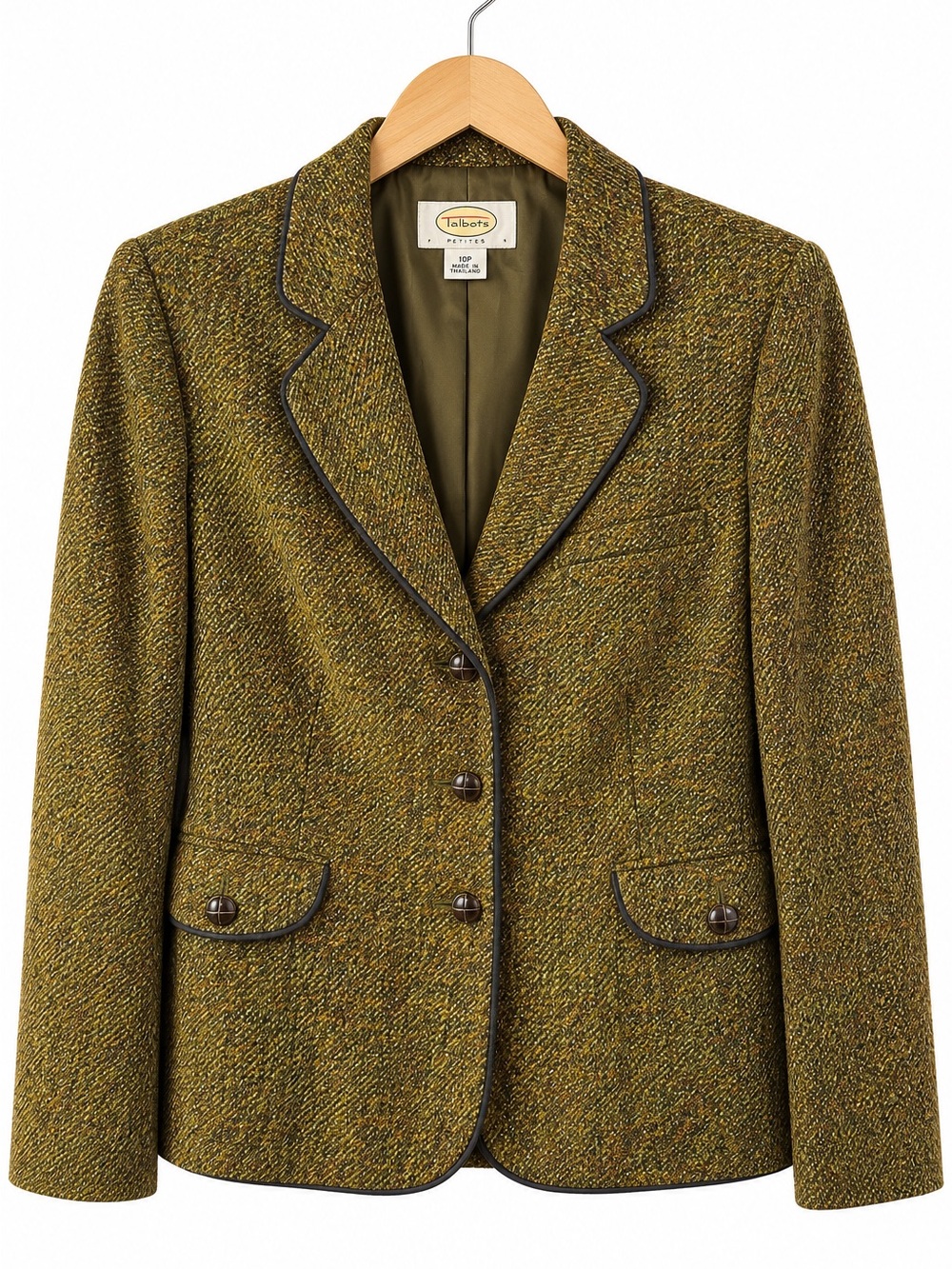 Talbots Olive Green Tweed Blazer Size 8 Contrast Piping Tailored Preppy Career
